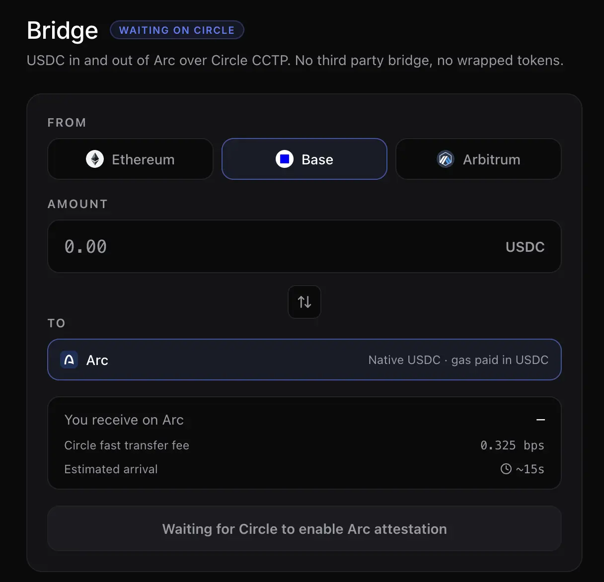 Warp Bridge 頁面顯示 USDC 跨鏈到 Arc，走 Circle CCTP，目前狀態為等待 Circle 開通 Arc attestation