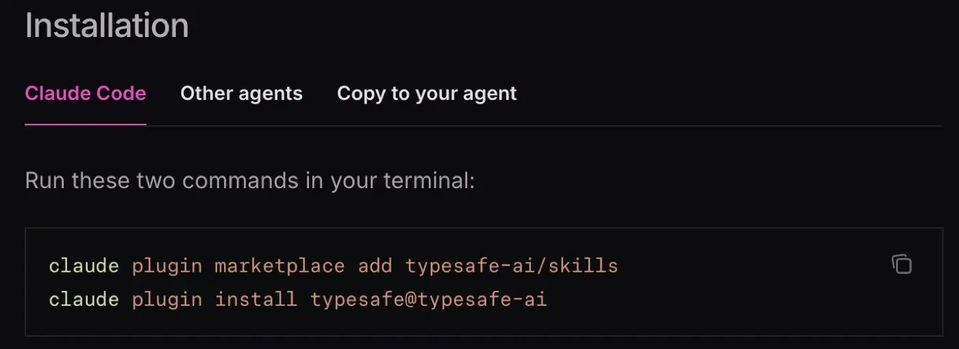 TypeSafe 官方 Agent skill 頁面的 Claude Code 外掛安裝指令