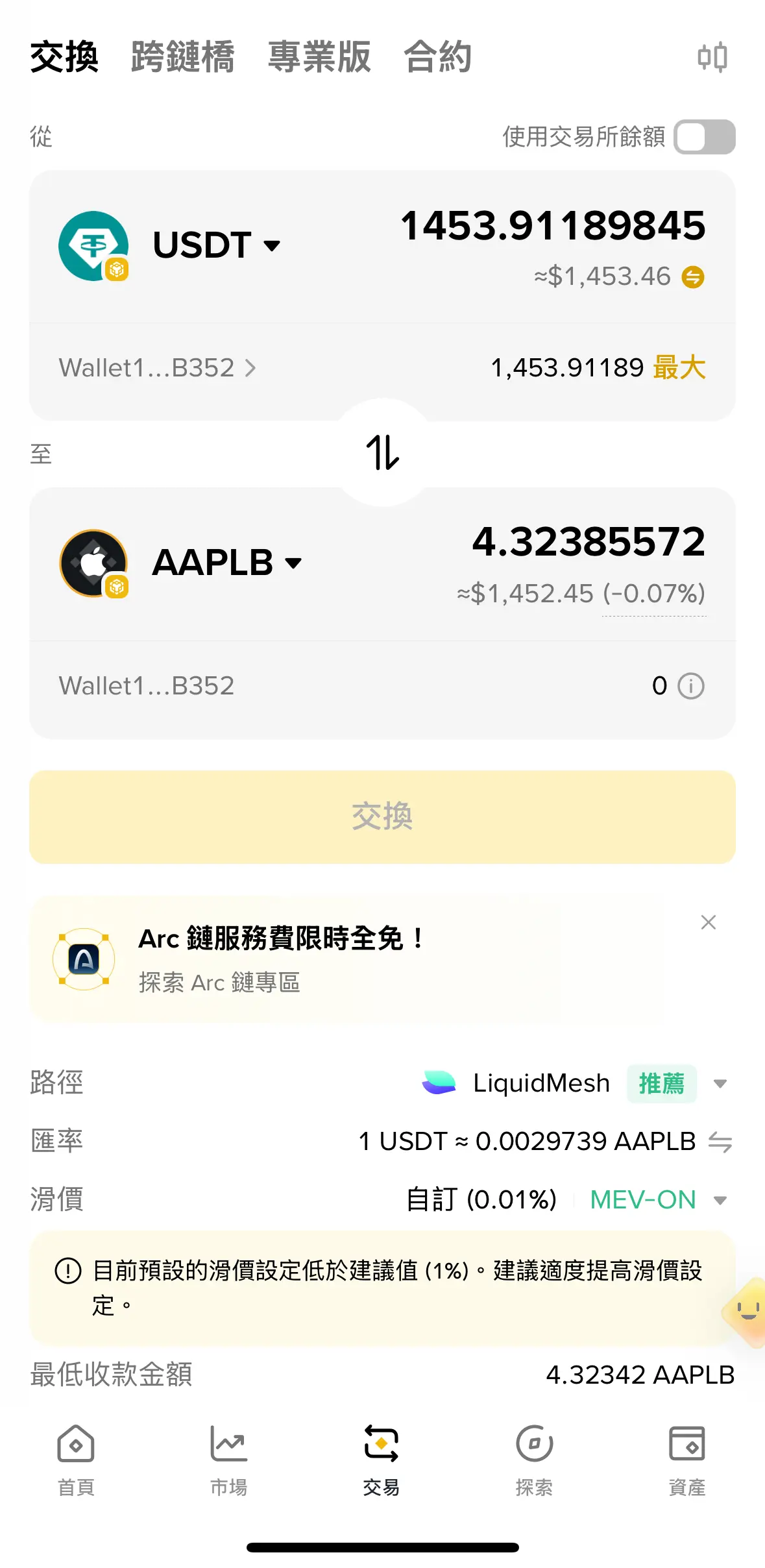 AAPLB 來回前,USDT 餘額約 1,453.9119。