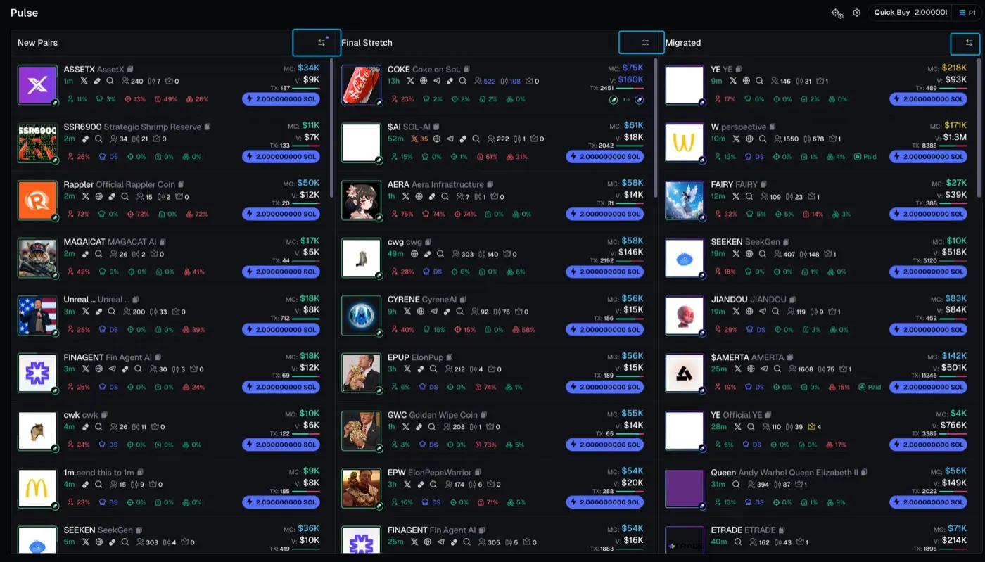 Axiom Pulse 新幣掃描的 New Pairs、Final Stretch、Migrated 三欄畫面