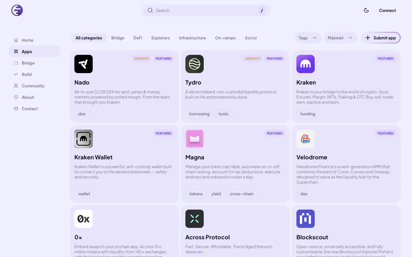 Ink 官方應用目錄顯示 Nado、Tydro、Kraken Wallet 等生態項目