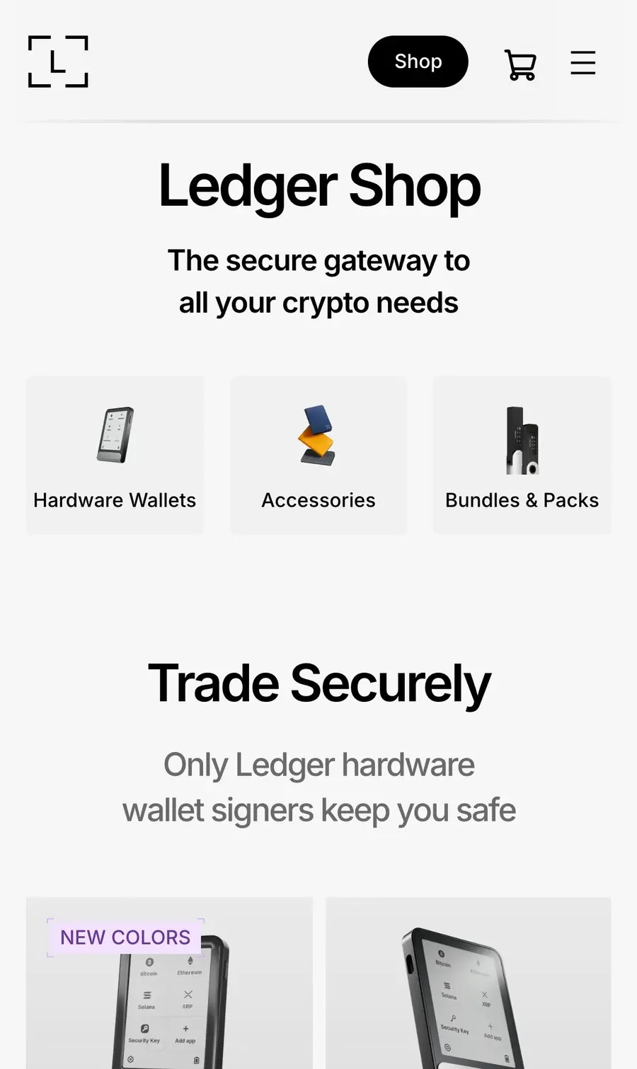 Ledger 官方商店 shop.ledger.com 首頁，冷錢包應從原廠官網或官方授權經銷購買