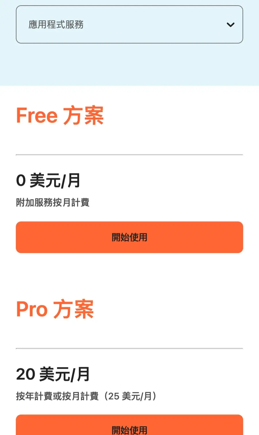 Cloudflare 網站方案頁：Free 方案 0 美元、Pro 方案年繳每月 20 美元