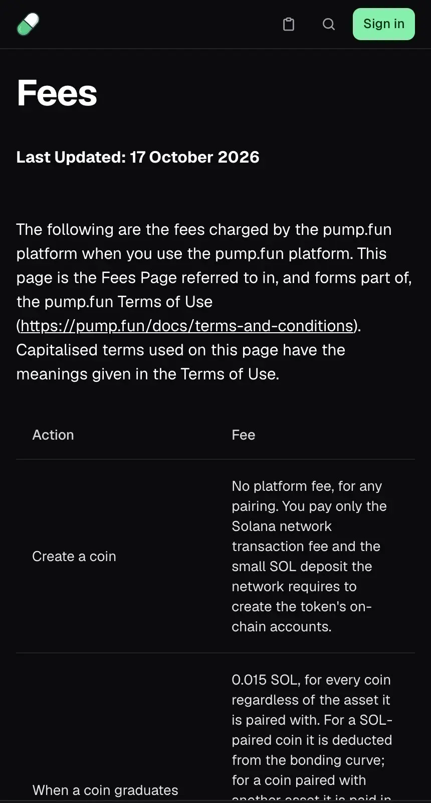 pump.fun 官方手續費說明頁,2026 年 10 月 17 日更新