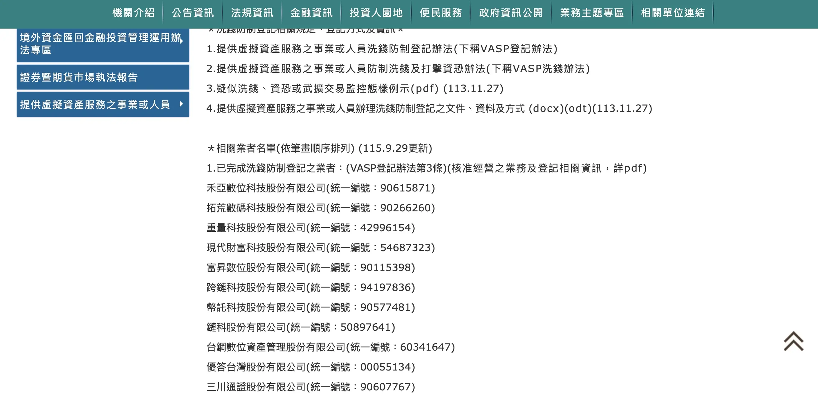 金管會證期局「提供虛擬資產服務之事業或人員」頁面,列出 115.9.29 更新的 11 家完成洗錢防制登記業者