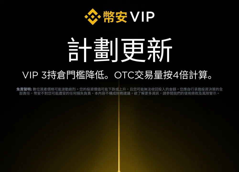 幣安 VIP 計畫更新公告圖：VIP 3 持倉門檻降低、OTC 交易量按 4 倍計算（幣安官方公告）