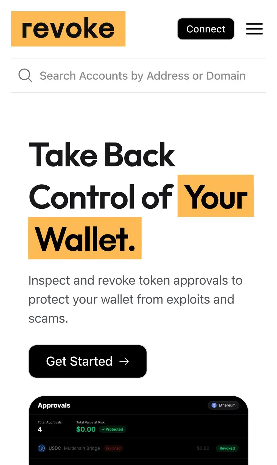 Revoke.cash 首頁，可查詢並撤銷錢包的代幣授權