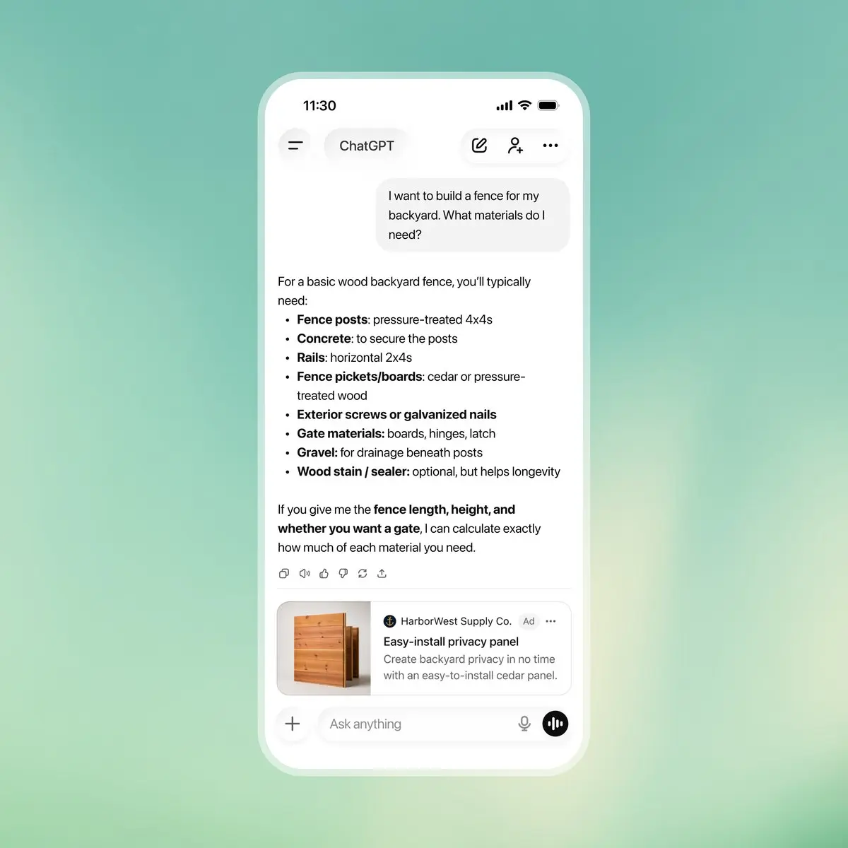 ChatGPT 廣告範例：回答下方出現標示 Ad 的贊助卡片（來源：OpenAI 官方廣告頁）