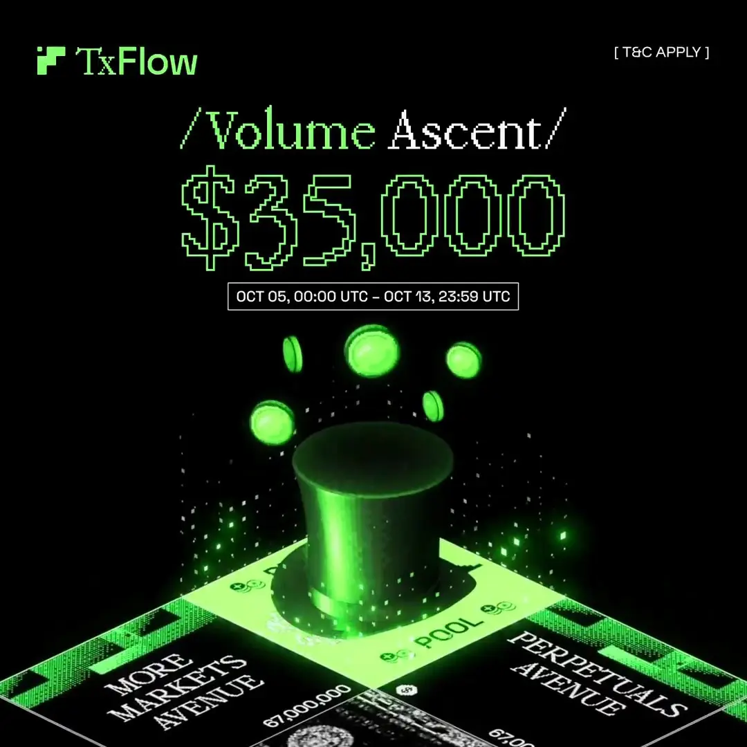 TxFlow Volume Ascent 交易量活動，獎池 35,000 美元手續費抵用金，期間 10/5 至 10/13 UTC（來源：TxFlow 官方 X）