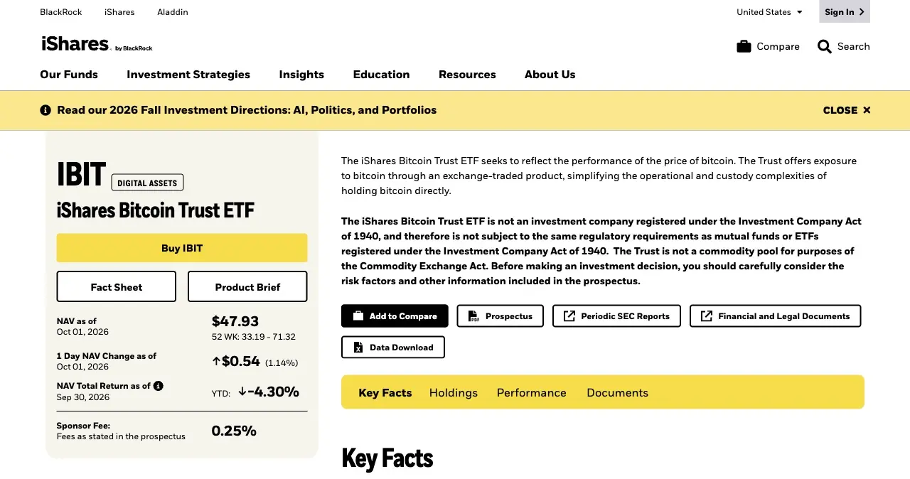 貝萊德 iShares Bitcoin Trust（IBIT）官方產品頁，顯示淨值與 0.25% 贊助費