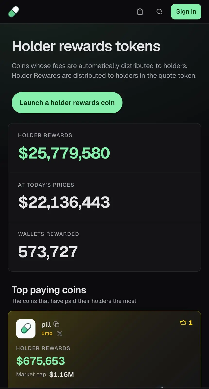 pump.fun Holder rewards 頁面,持幣人分得代幣手續費的累計金額