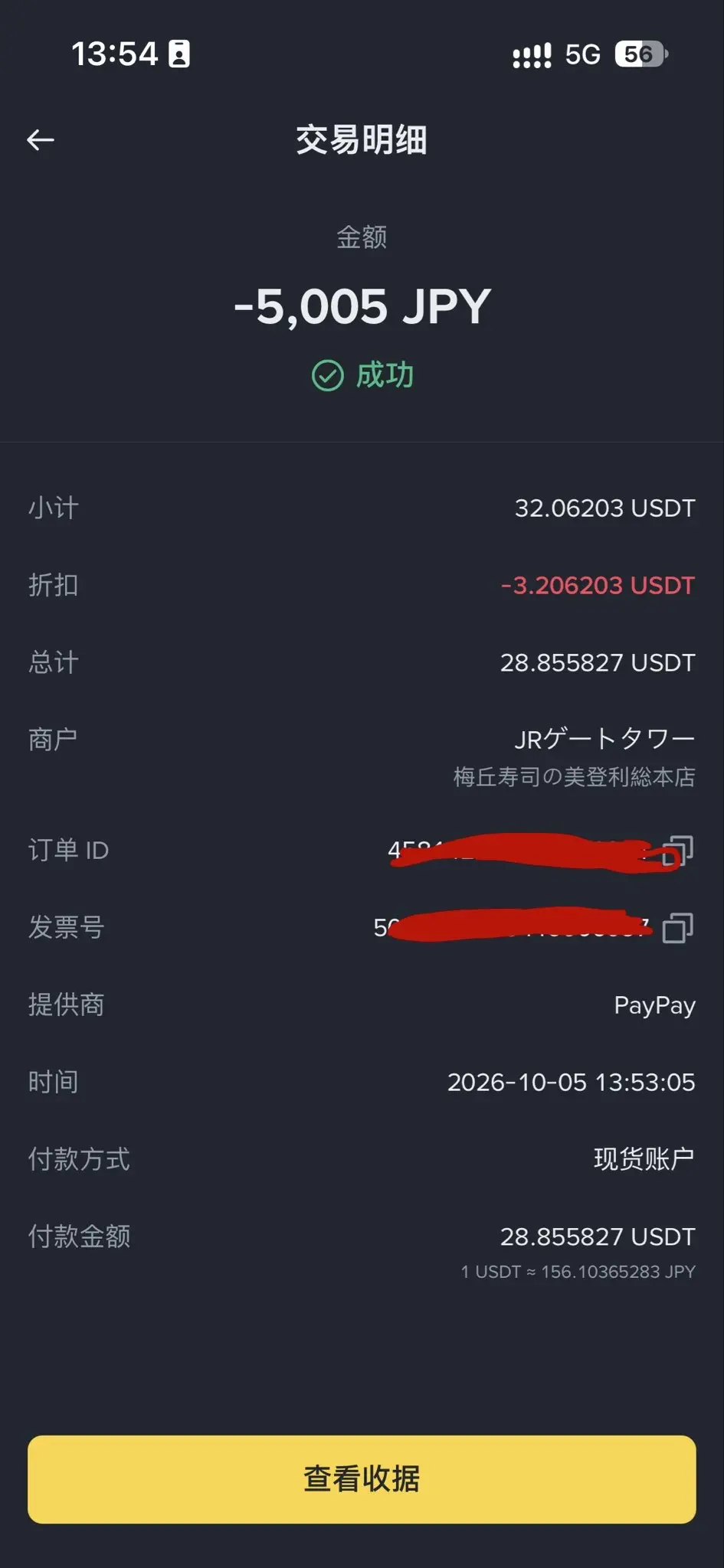 X 用戶 JR Gate Tower 5,005 日圓交易明細：小計 32.06 USDT、折扣 3.21 USDT、匯率 1 USDT 約 156.10 日圓（來源：X）