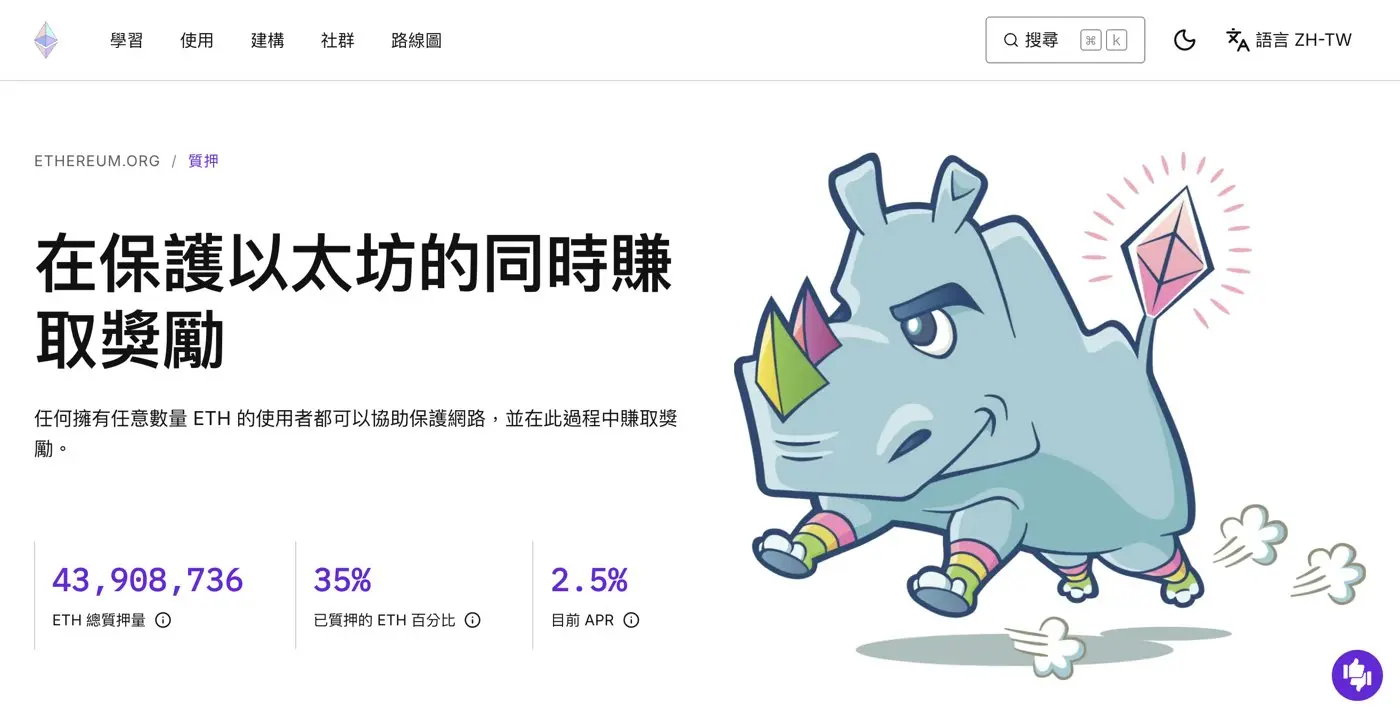 ethereum.org 官方質押頁，顯示 ETH 總質押量、質押比例與目前年化