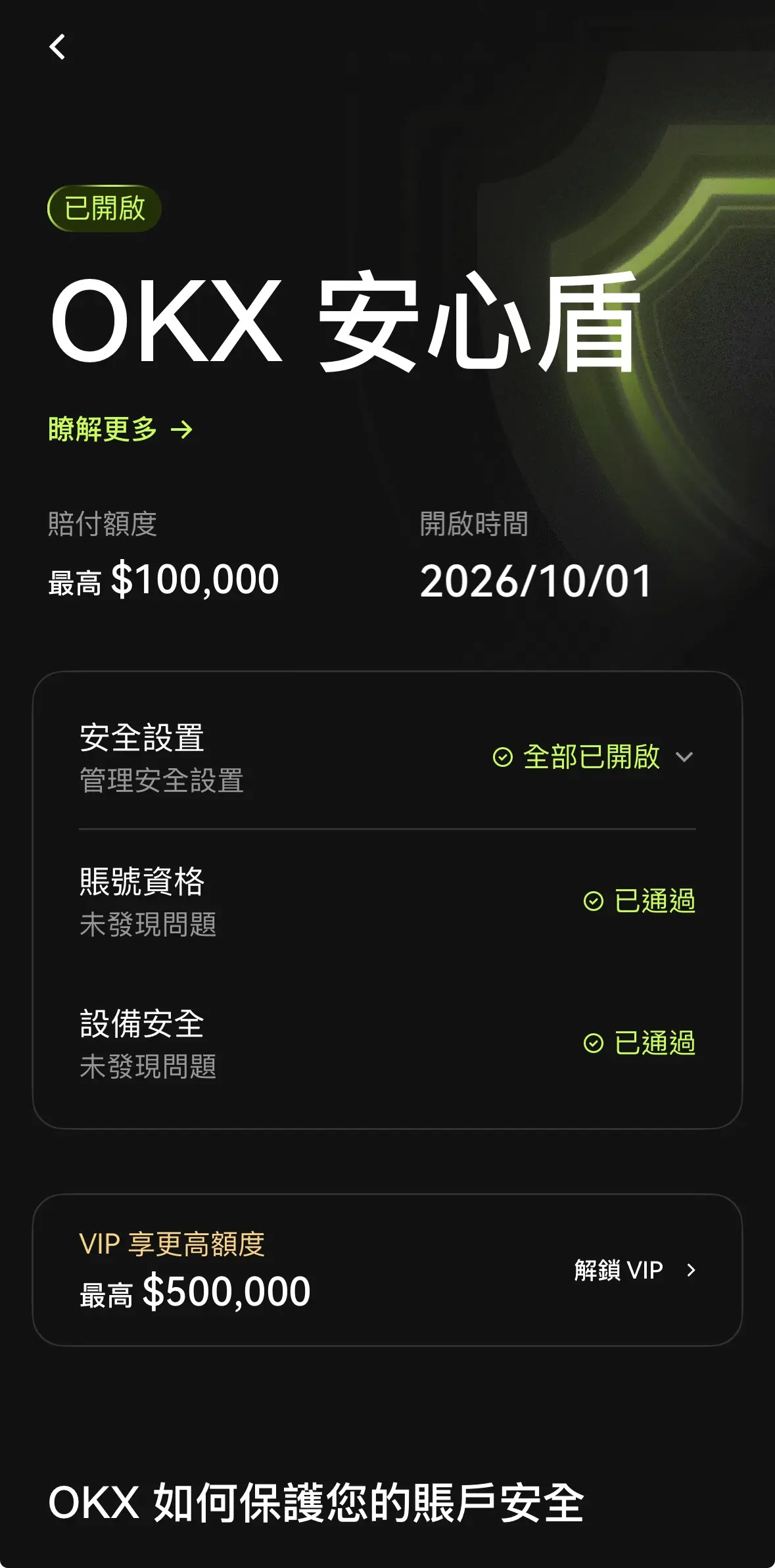 OKX App 安心盾頁面，已開啟，一般用戶賠付額度最高 10 萬美元