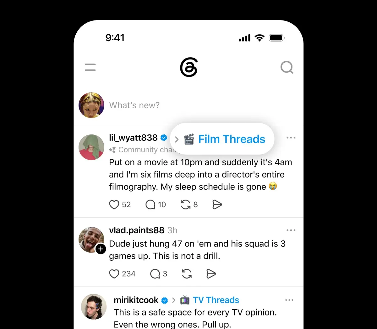 Threads 社群功能畫面,貼文旁顯示所屬社群名稱