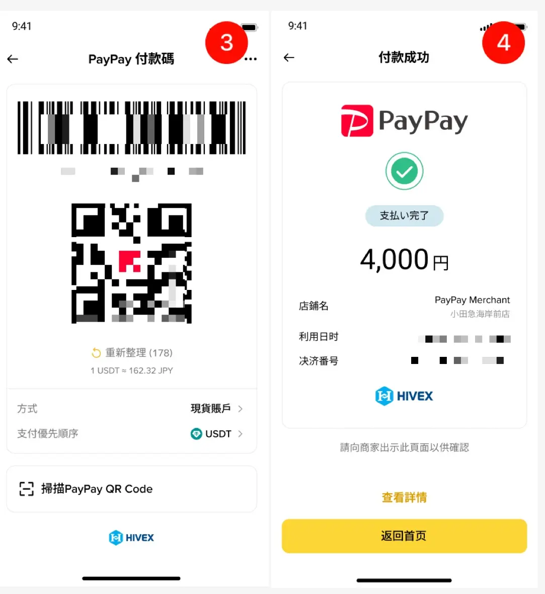 出示 PayPay 付款碼給店員掃描，付款成功頁顯示日圓金額與 HIVEX 標誌（來源：幣安官方 FAQ）
