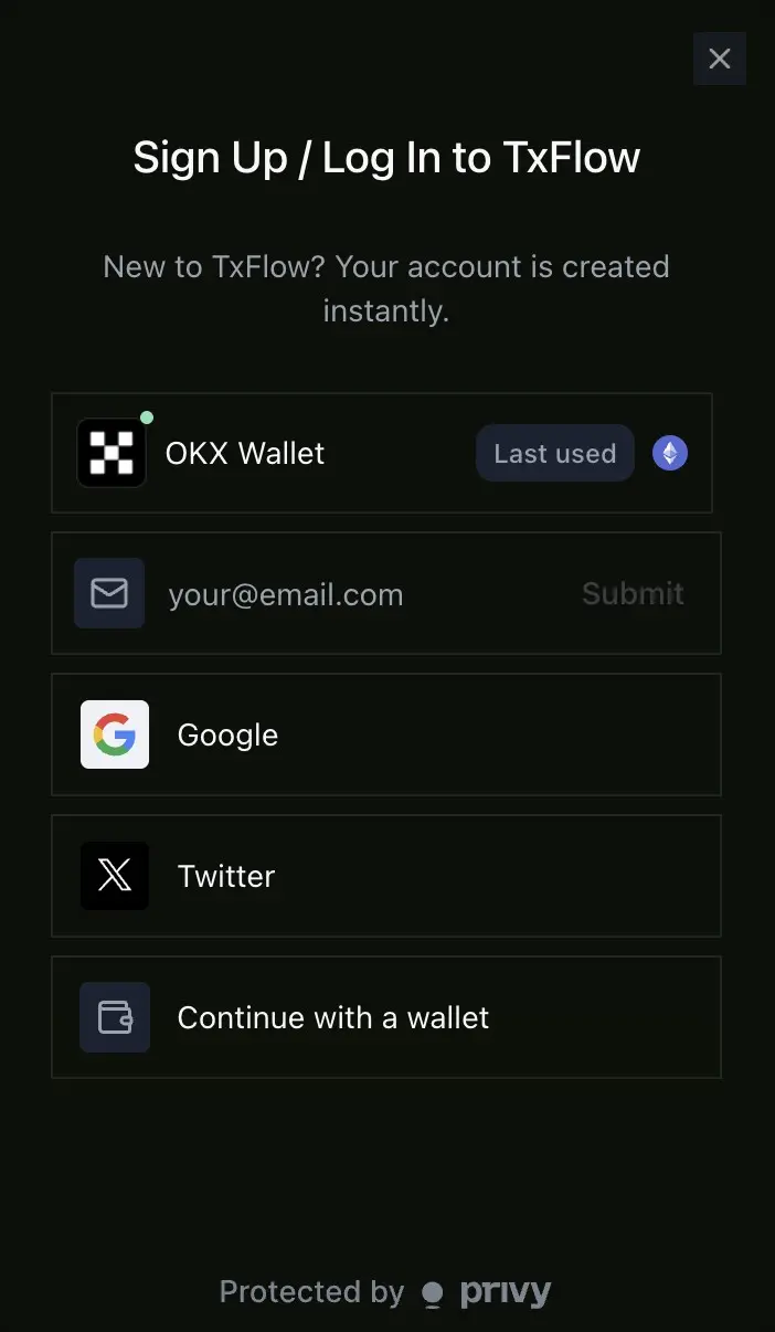 TxFlow 登入視窗，可選 OKX 錢包、Email、Google、X 或其他錢包登入（grenade 實際操作截圖）