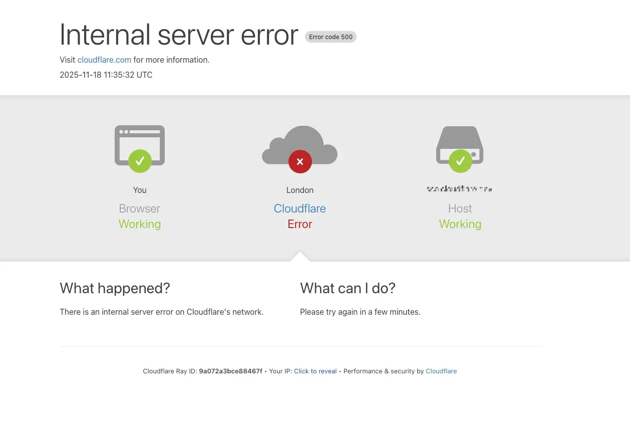 2025 年 11 月 18 日 Cloudflare 當機時網站顯示的 500 錯誤頁