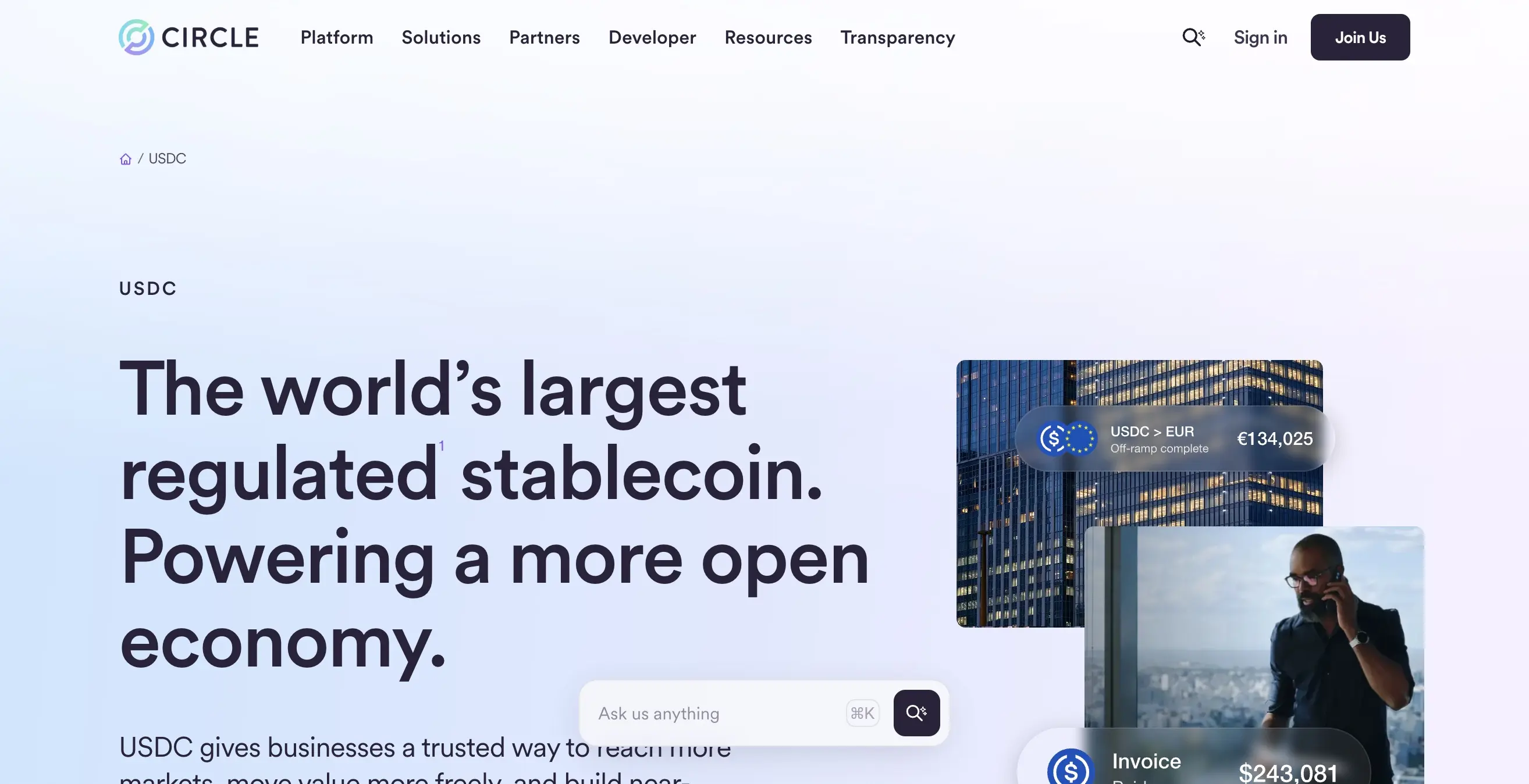 Circle 官網 USDC 頁面,USDC 由 Circle 發行,可 1:1 兌回美元