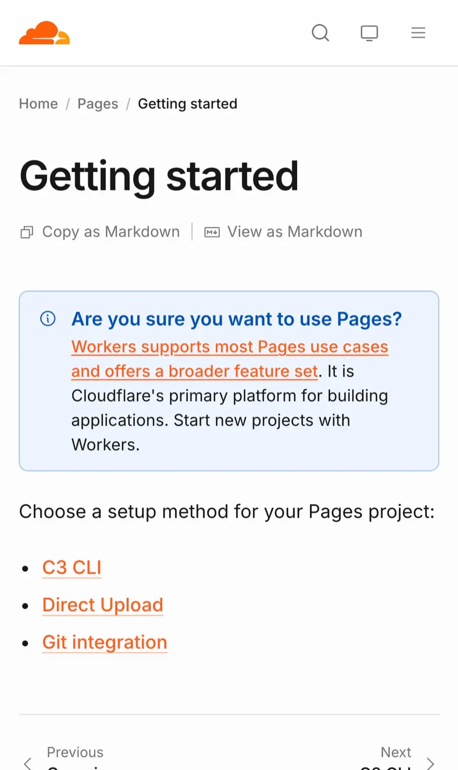 Cloudflare Pages 官方文件提示新專案改用 Workers