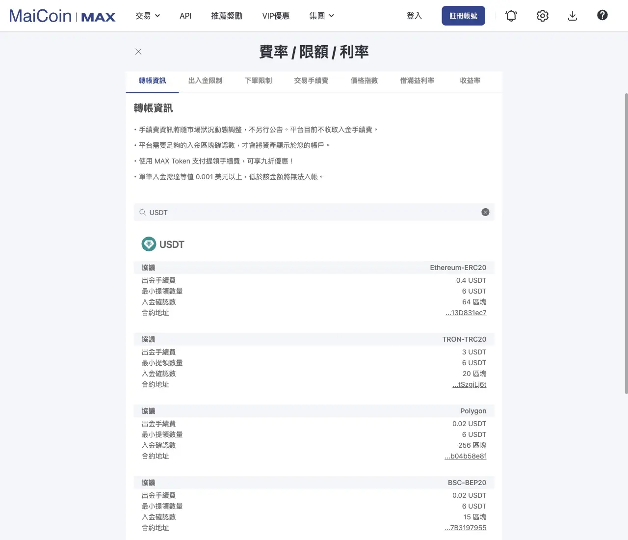 MAX 交易所 USDT 提領網路與手續費，ERC20 0.4 USDT、TRC20 3 USDT、Polygon 與 BEP20 0.02 USDT