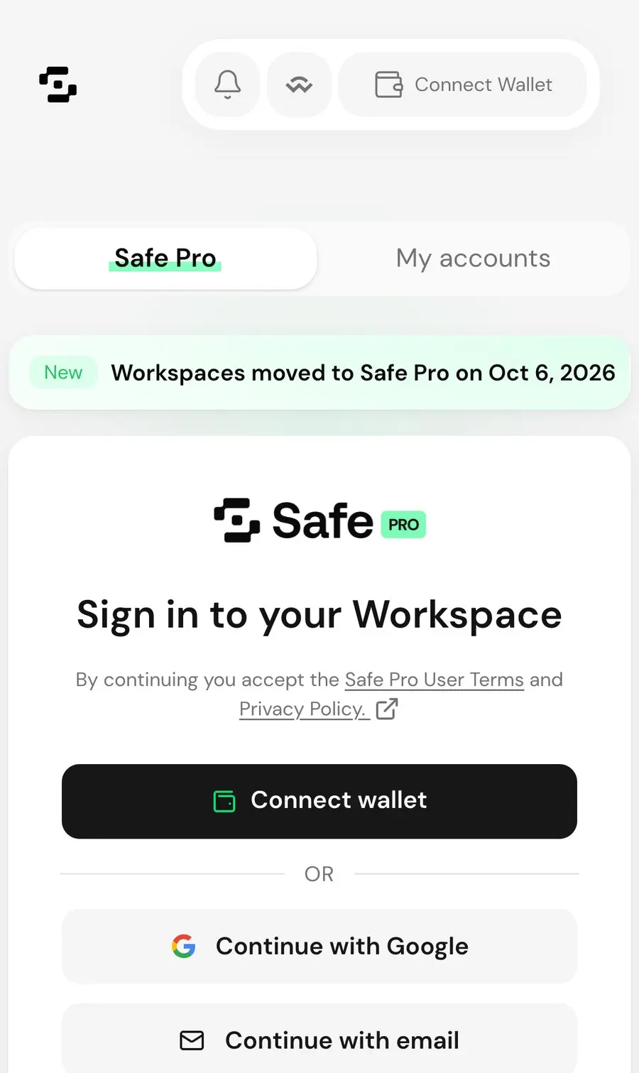 Safe 多簽錢包登入畫面，可連接錢包建立多簽帳戶