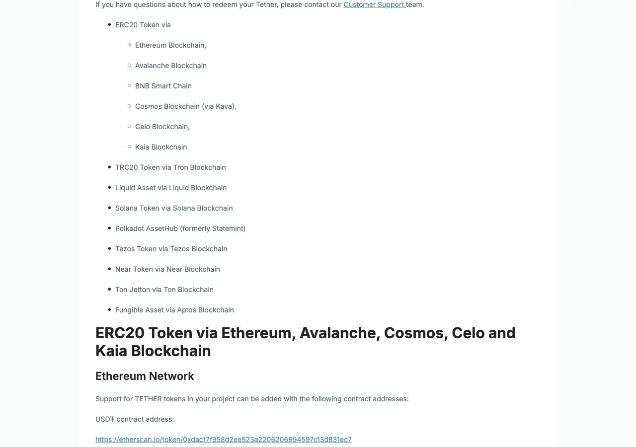 Tether 官方支援的 USDT 區塊鏈清單