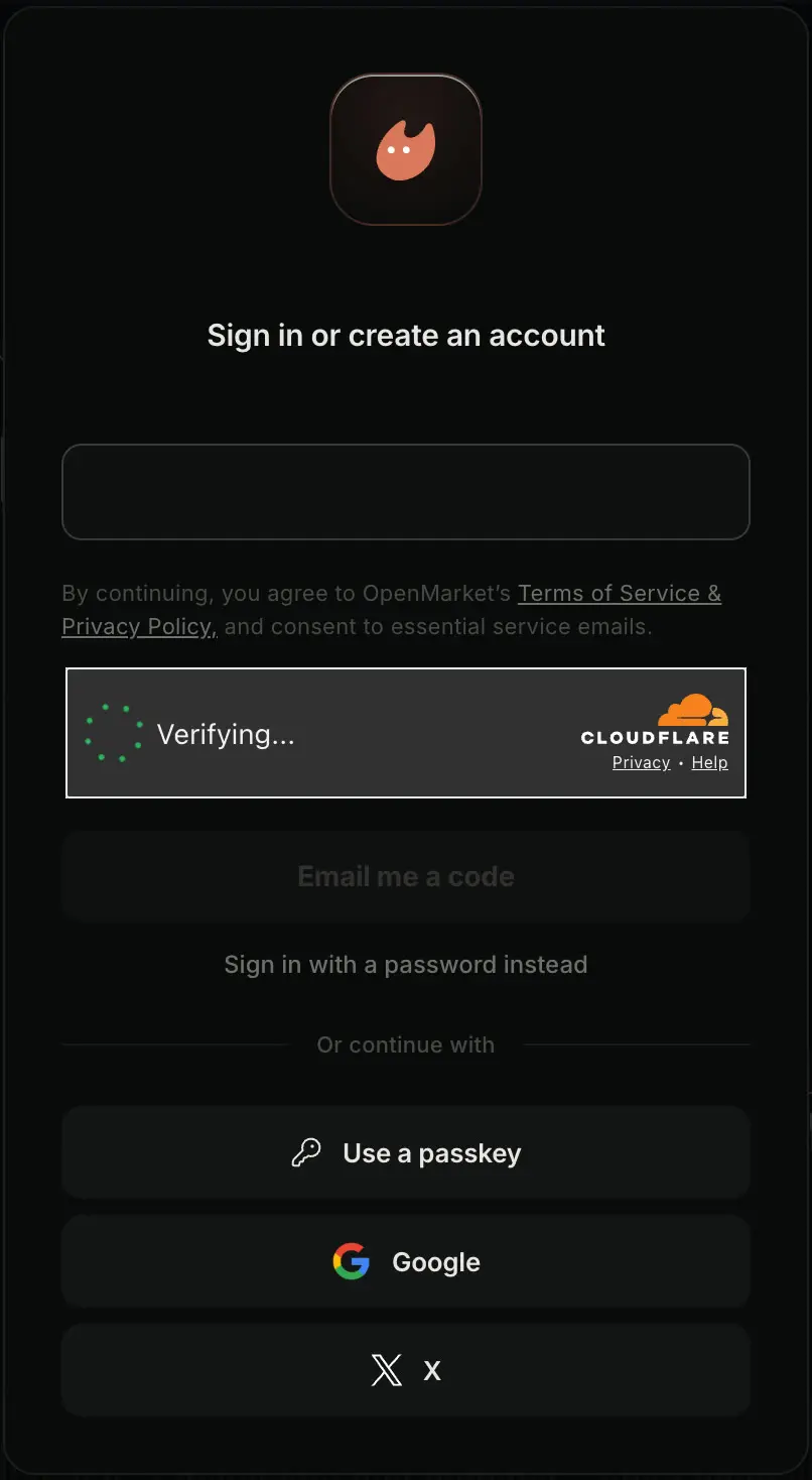 OpenMarket 註冊登入視窗，可用 Email 驗證碼、密碼、Passkey、Google 或 X 帳號（grenade 自行截圖）