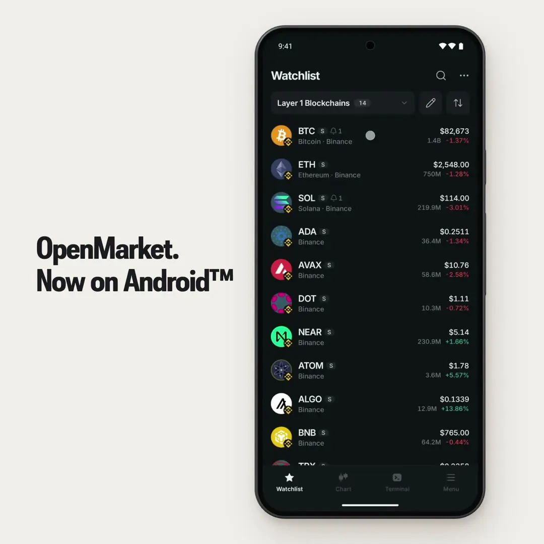 OpenMarket Android App 自選清單畫面，2026 年 10 月上架 Google Play（來源：OpenMarket 官方 X 影片畫格）