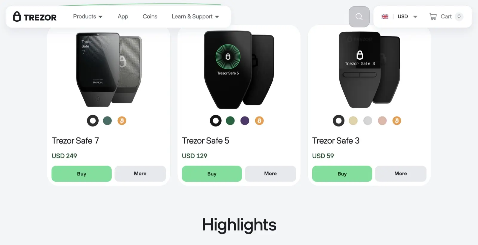 Trezor 官網比較頁，目前在售 Trezor Safe 7、Safe 5、Safe 3 三款與美元售價