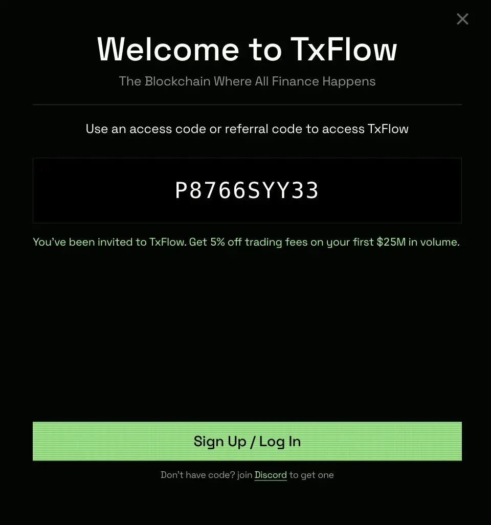 TxFlow 歡迎頁輸入推薦碼 P8766SYY33，顯示前 2,500 萬美元交易量手續費 95 折（grenade 實際操作截圖）