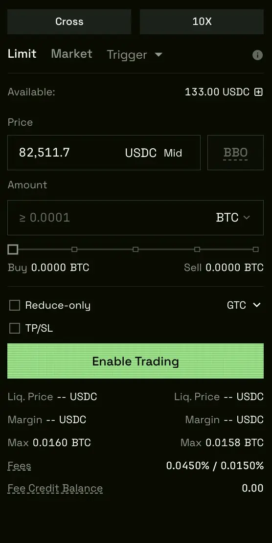 TxFlow BTC 永續下單面板，顯示全倉 10 倍、限價單、Enable Trading 按鈕與手續費 0.045%/0.015%（grenade 實際操作截圖）