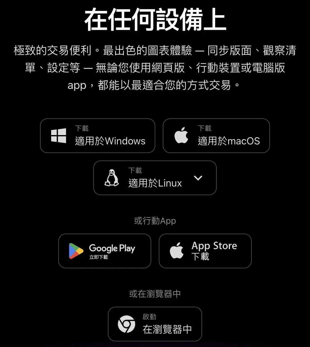 TradingView 電腦版下載頁,提供 Windows、macOS、Linux 與手機 App 下載(來源:TradingView 官網)